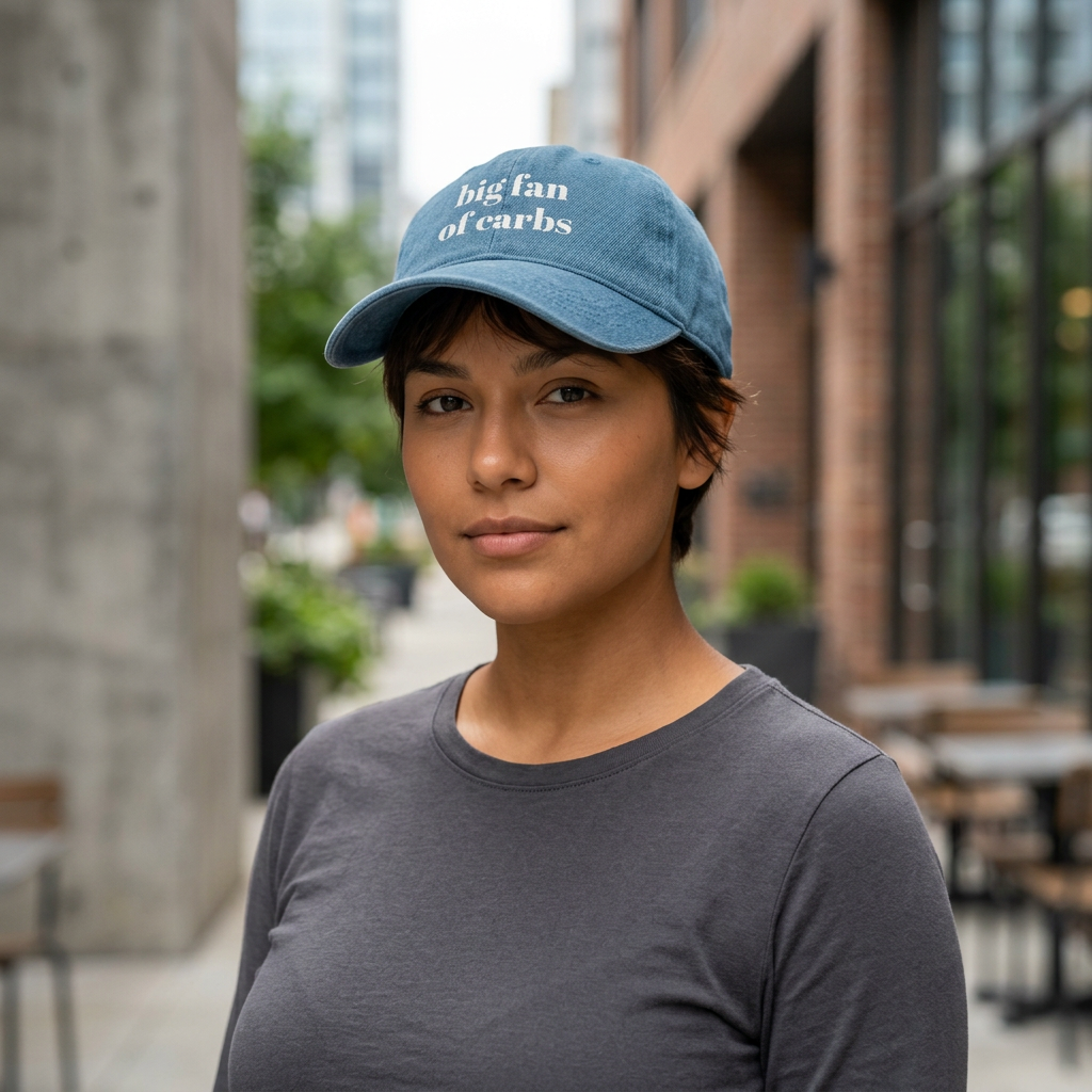 "Big Fan of Carbs" Embroidered Denim Baseball Cap